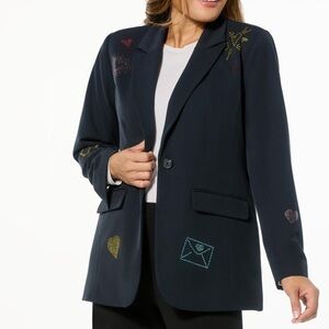 Colleen Lopez Heat Set Heart Woven Blazer – Black Embellished Rhinestone Small